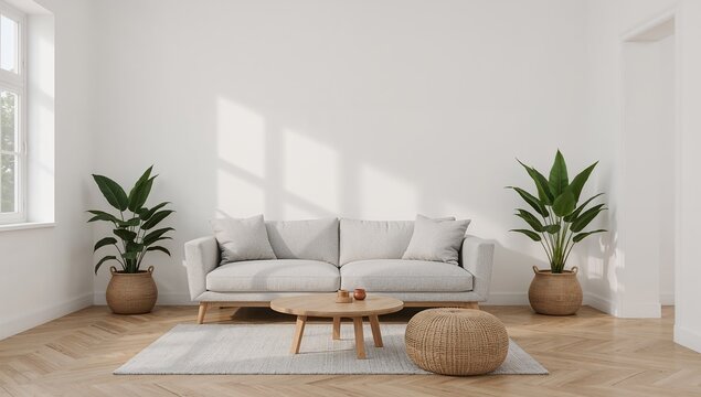 Interior escandinavo luminoso con sof&aacute; de lino, mesa de centro de madera y pared neutra ideal para mockups, estilo Japandi