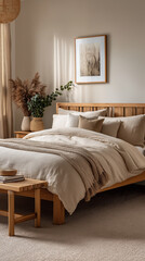 minimalist bedroom with wood paneling, clean lines, and earthy tones for peaceful sleep. a japanese-style bed is in the center of the room
