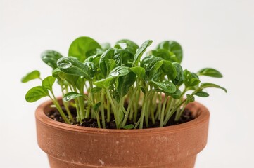 Naklejka premium Close-up of fresh spinach sprouts in a terracotta container with droplets on the foliage. Indoor cultivation, natural agriculture, nutritious eating.