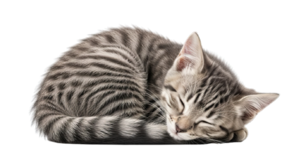 Adorable tabby kitten curled up asleep, displaying tranquility and peacefulness, showcasing its soft fur, perfect for animal lovers, pet owners, and cozy home decor designs