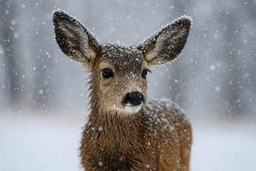 A young deer with a light snow cover on a cold winter day