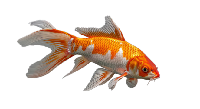 Vibrant orange and white koi fish isolated on a plain background. This beautiful Japanese carp swims with flowing fins and detailed whisker-like barbels
