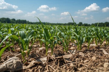 Obraz premium Fresh corn shoots emerging from a garden bed covered with cardboard mulch