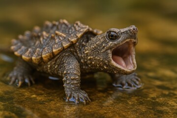 Obraz premium Young snapping turtle with an open mouth captured in a detailed close-up