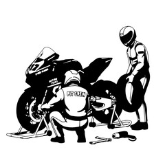 Two Motorcycle Mechanics Working on a Sportbike Changing Tire Black and White Illustration.