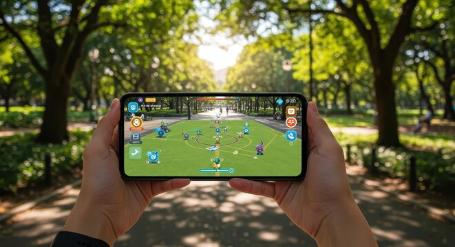 A smartphone displays an augmented reality , overlaid on a park scene. - Powered by Adobe