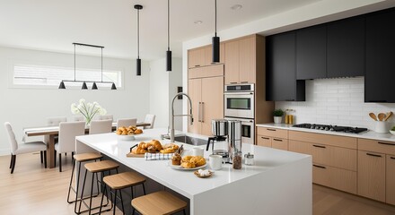 Modern Kitchen Island with Breakfast Spread and Dining Area image photo