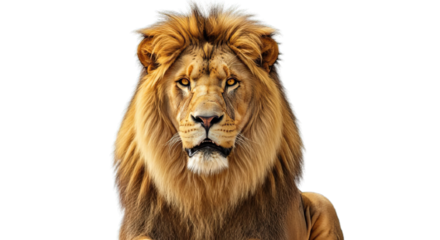 Majestic Lion with Golden Mane Regal Portrait of a King of the Jungle in Stunning Detail Against White Background for Wildlife Enthusiasts