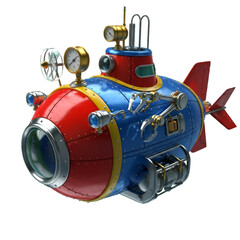 A colorful, cartoonstyle submarine with gauges and robotic arms, isolated on a transparent background