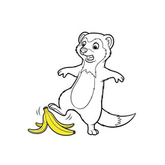 Funny Cartoon Skunk Slipping on Banana Peel Vector Illustration for Kids, Isolated Skunk Accident, Cute, Black and White Line Art