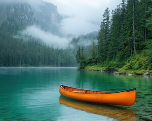 Tranquil lake scene with orange canoe
