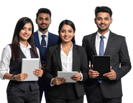 Confident Business Team Holding Tablets on Transparent Background. - Powered by Adobe