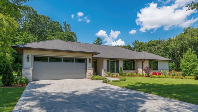 Contemporary home featuring a sectional garage door set against a summer landscape