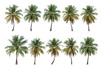 Obraz premium High-resolution images of isolated coconut and palm trees on white background, showcasing a variety of large tropical trees in summer.