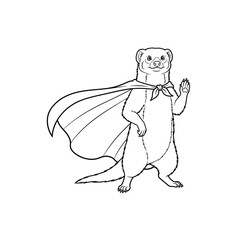 Cartoon Mongoose Superhero Coloring Page: Adorable Animal with Cape Waving Hello, Vector Illustration for Kids Coloring Books and Creative Design Projects.