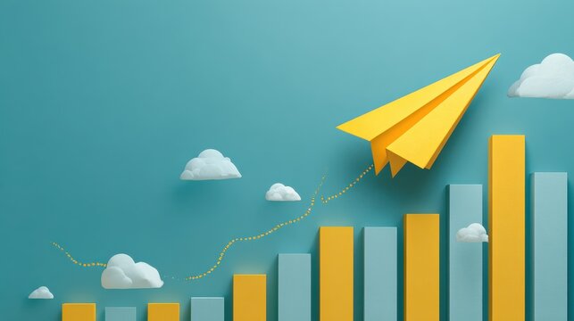 yellow paper airplane soaring above growth chart on teal background
