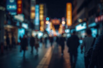 Vibrant Neon Lights Illuminate a Busy Night Street with Moving Figures