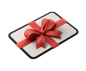 Gift card with a red ribbon and bow on a black background.