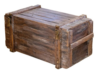 Old wooden crate with metal latch on transparent background