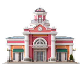 A vibrant, detailed illustration of a charming, colorful building with a clock tower.