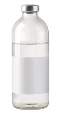 Vial containing clear liquid with blank label, transparent background