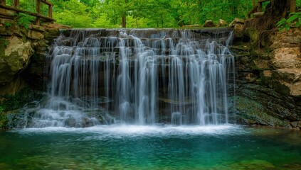 Fototapeta premium A stunning cascade surrounded by vibrant foliage during the warm season, featuring crystal-clear water and soothing green hues, perfect for leisure and recreation