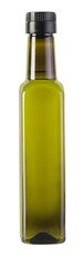 Olive oil bottle with black cap, transparent background