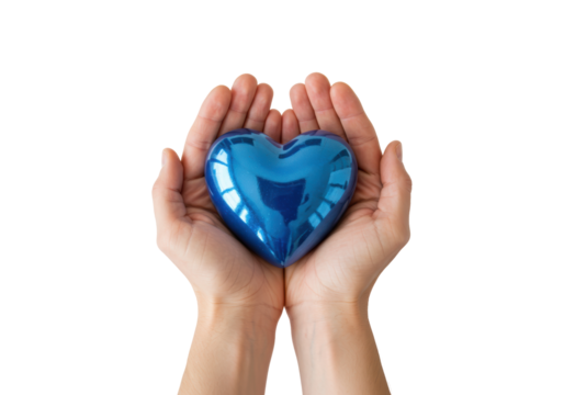 Isolated shiny metallic blue heart held in cupped hands as offering of love or care symbol