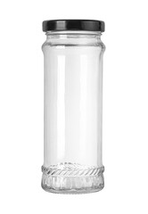 Empty transparent glass jar with black lid