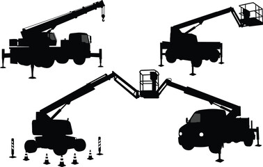 Boom lift vehicle silhouettes, mobile elevated work platforms, black and white illustration, construction access tools, utility equipment, safety infrastructure © Miraj World