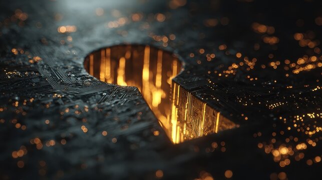 a conceptual image of a glowing digital circuit board visible through a keyhole  representing cybersecurity  data access  digital privacy  hacking  and unlocking technological secrets