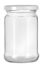Empty clear glass jar with white lid