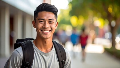 Fototapeta premium Smiling young man with backpack outdoors