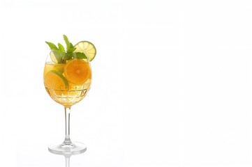 Fototapeta premium Chilled Citrus Sangria Served in a Clear Glass Against a White Backdrop with Space for Text