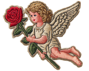 cupid with wings holding a red rose, embroidery patch