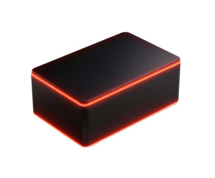 Glowing red-edged black box against a stark black background.
