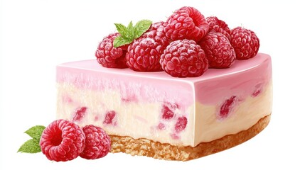 pink raspberry cheesecake slice with fresh raspberries on top isolated white background 