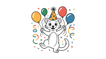 Naklejka premium Happy Birthday Otter: A Whimsical Cartoon Illustration with Balloons, Confetti, and Party Hat for Celebrations and Children's Events. Vector Design, cheerful and playful.