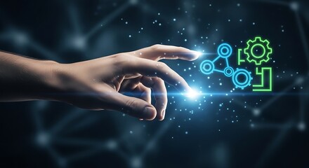 A hand interacting with digital icons representing technology and connectivity on a dark background