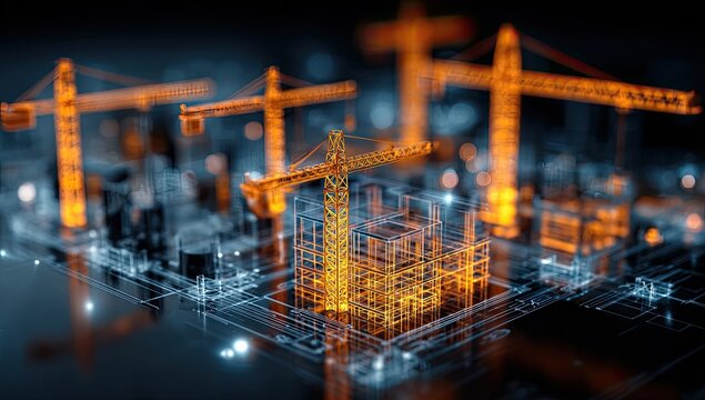 Digital city construction.  Orange cranes hover over a digital cityscape, built on a network of glowing lines and points