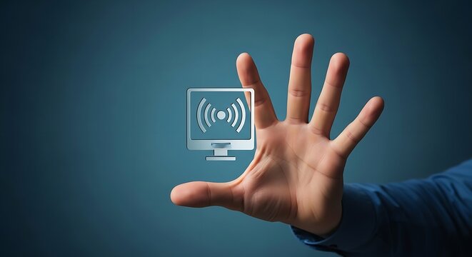 Hand reaching towards computer screen icon with wifi symbol on a blue gradient background