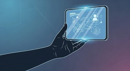 Hand holding a futuristic transparent tablet with a network interface displayed on its screen