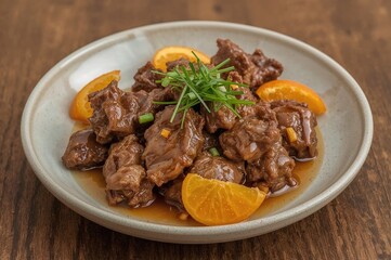 Luxurious orange rib meal garnished with chopped chives