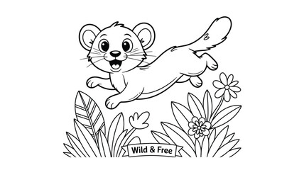 Whimsical Coloring Page: Leaping Cub in a Lush Garden with 