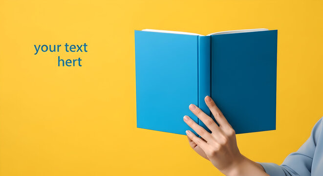 Discover new worlds and knowledge with this vibrant blue hardcover book held open, ready for your inspiring message or design on a sunny yellow background