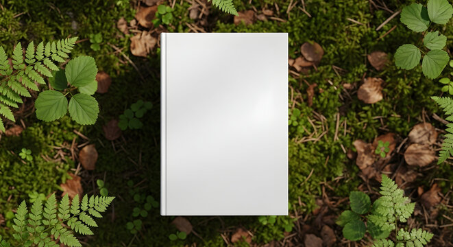 Showcase your next great novel with this blank cover book mockup nestled among vibrant green moss and ferns in a peaceful forest setting
