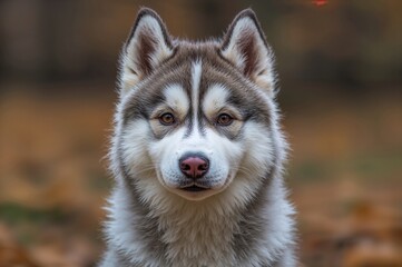 Close-up of a charming fluffy grey puppy with warm brown eyes in an autumnal outdoor setting.