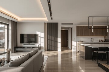 Contemporary open-plan lounge adjoining the kitchen area in a stylish home