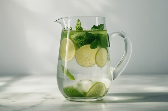 Detox water infused with lime, lemon, and fresh mint in a pitcher, inspired by mojito flavors