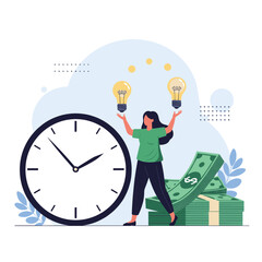 Woman Holding Lightbulbs Near Clock and Money Stack.